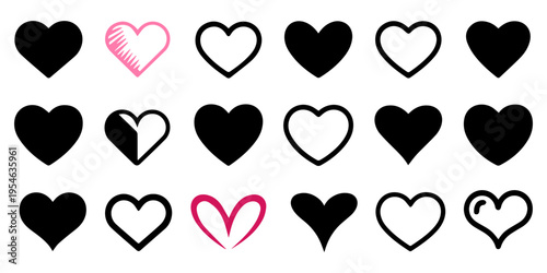 black silhouette heart icon set vector, Hand drawn heart icon set with sketch doodle love symbols and romantic shapes, black ink vector collection isolated on transparent background, Line art vector