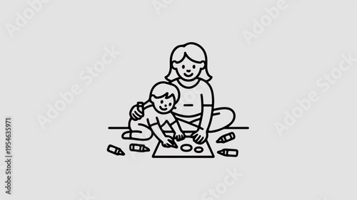 Mother and child drawing together on floor with colorful crayons and paper