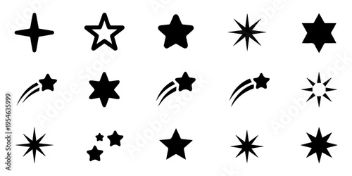 Twinkling Star and Sparkle Vector Icon Collection Isolated, Stars icon collection. Different star shapes. Black stars icon set. Sparkle star icon set. Vector illustration, Stars icon collection.