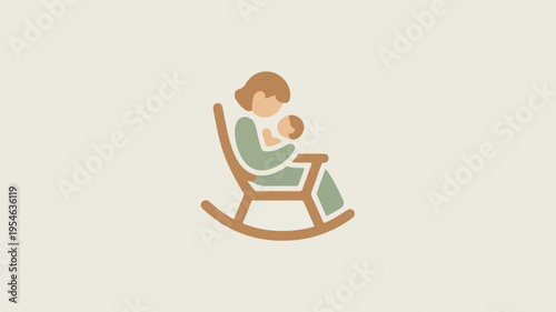 Mother nursing baby in rocking chair minimalist icon design for parenting and family concepts