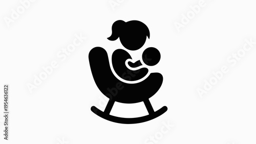A minimalist icon of a woman breastfeeding a baby in a rocking chair on a white background