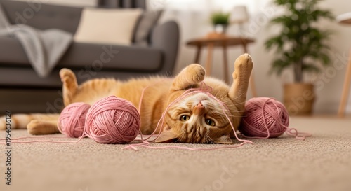 Playful Orange Kitten Resting Beside Soft Yarn Balls on Cozy Carpet at Home