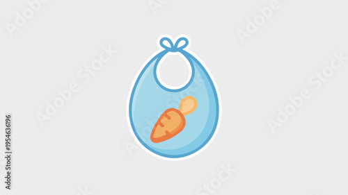 Baby blue bib with orange carrot and wooden spoon isolated on gray background for nursery or meal time concepts