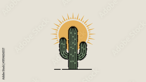 Minimalist cactus icon with sun desert landscape design element