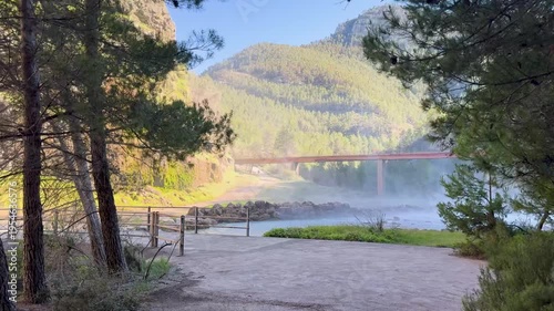 Powerful water jet splash from El Chorro drainage point of Arenos Reservoir. High quality 4k footage. Spain