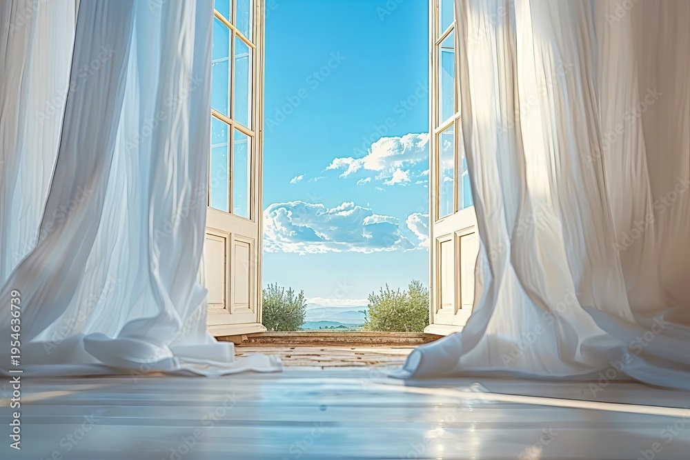 Obraz premium Title: White curtains elegantly swaying in the breeze from an open window