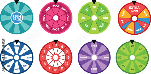 Colorful set of wheel of fortune lottery wheels for gambling and prize games isolated on white background flat vector illustration.