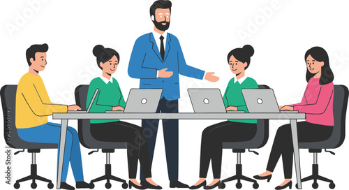 Diverse business team working on laptops at a long office desk with a manager or teacher leading a discussion flat vector illustration.
