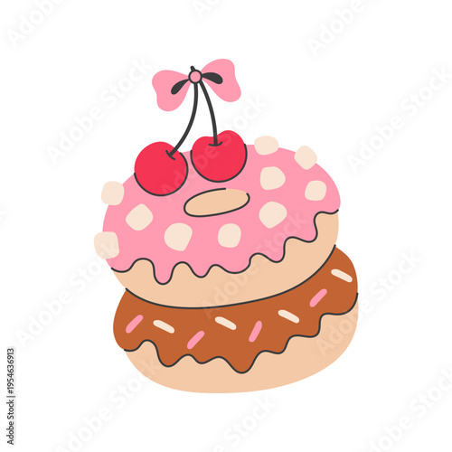 Donut Stack with Cherry and Chocolate. Coquette Doughnut with frosting Icing Glaze Sprinkles Bow. Pastry Item composition with fruit accent and pink topping. Stylish dessert. Vector illustration