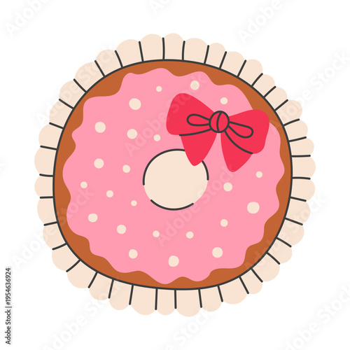 Donut with Bow and Liner. Coquette Pink Doughnut with Sweet Glaze Sprinkle decoration. Elegant pastry with ribbon soft icing. Feminine sweet food flat vector illustration