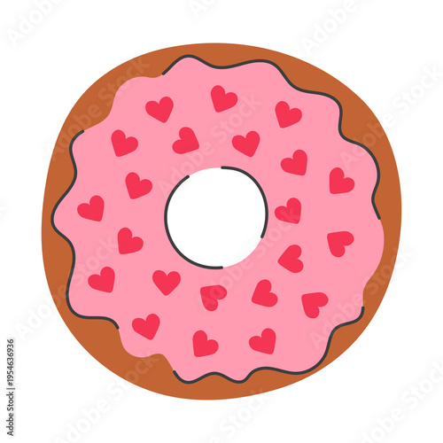 Pink Glazed Donut with Heart Sprinkles. Sweet Round Pastry with coquette romantic glossy topping. Minimal cute food design in soft modern style. Flat vector illustration