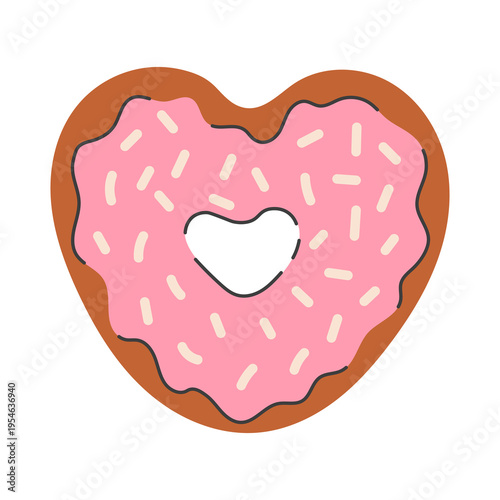 Heart Shape Donut with Sprinkles. Romantic baked pastry item. Sweet Food love form with pink frosting icing glazing and delicate decoration. Stylish graphic. Flat Vector illustration