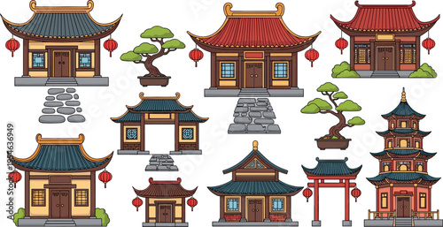 Traditional Asian Architecture Illustration Set Featuring Chinese Temples, Pagoda, Gates, Lanterns and Bonsai Trees for Cultural and Heritage Design Projects