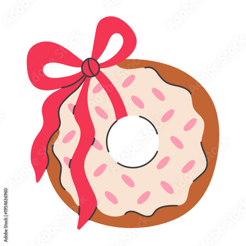 Sweet Donut with Coquette Ribbon. Hand Drawn Doughnut with Red Curly Bow and pink sprinkles vector illustration. Baking Pastry Item with glaze.