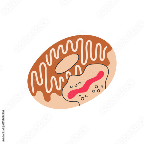 Bitten Chocolate Donut. Glossy pastry with berry filling center and glaze topping. Flying Sweet Fast Food Dessert Element for bakery cafe design. Flat vector illustration