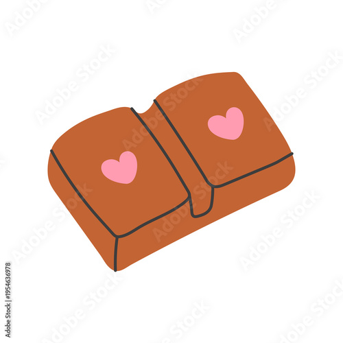 Chocolate Bar Pieces with Hearts. Sweet confection chunks with decorative romantic accents. Soft styled dessert graphic with charming mood. Flat Vector Illustration
