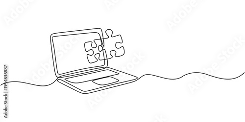 laptop with puzzle pieces continuous one line drawing, Self drawing line laptop computer with puzzle pieces business solution continuous one single line drawn concept
