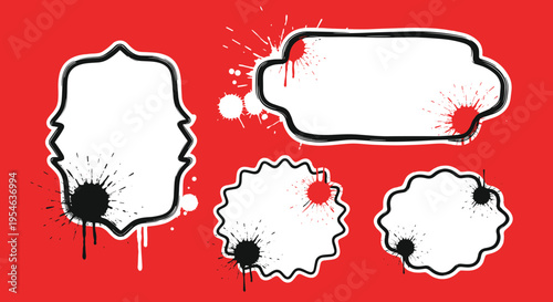 White speech bubbles on red background.