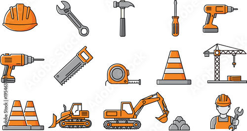 Construction tools and equipment vector icon set featuring helmet, wrench, hammer, drill, saw, excavator, crane and traffic cones in flat design illustration
