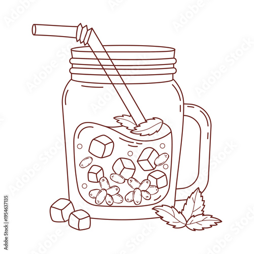 Sea Buckthorn Lemonade Spritzer in Mason Jar with Straw. Outline Refreshing Summer Drink with Ice Cubes, Mint Leaves and Berries. Line drawing, coloring page. Vector Illustration Healthy Smoothie.