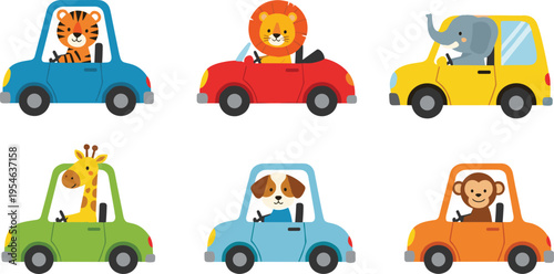 Cute cartoon animals driving colorful cars set, tiger lion elephant giraffe dog and monkey characters, fun kids transportation illustration for children design and education