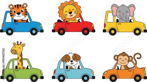 Cute cartoon animals driving colorful cars set, tiger lion elephant giraffe dog monkey characters, playful kids transportation illustration isolated on white background for children design
