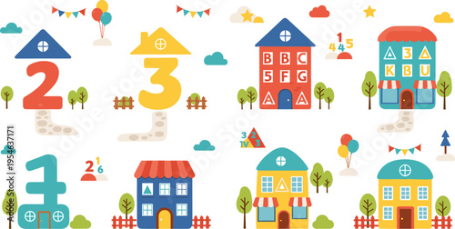 Cute Numbers Learning Vector Set with Cartoon Houses, School Building, Trees, and Educational Elements for Kids Counting, Preschool Activities, and Early Childhood Development