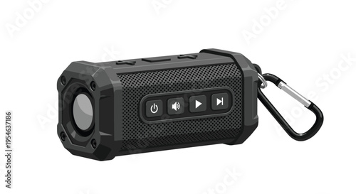 A black rugged portable Bluetooth speaker with a carabiner clip and control buttons is shown at an angle on a white background.