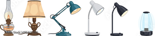 Desk Lamp Vector Set with Vintage Oil Lamp, Classic Table Light, Modern Adjustable Lamps, and Decorative Lighting Fixtures for Interior Design Illustration Collection