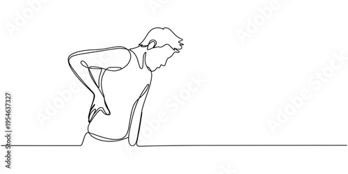 continuous line drawing of back pain.one line drawing of an adult man holding his back feeling pain. single line vector illustration.isolated white background