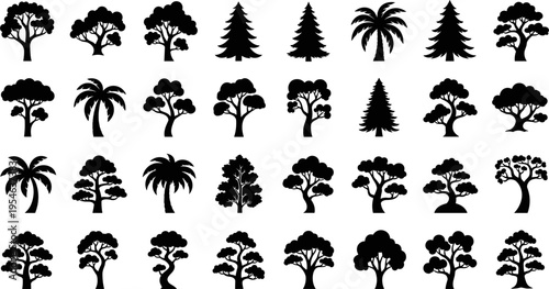 Tree Silhouette Vector Set with Various Forest, Pine, and Tropical Shapes in Black Color for Nature Design, Landscaping Projects, and Decorative Illustration Collection