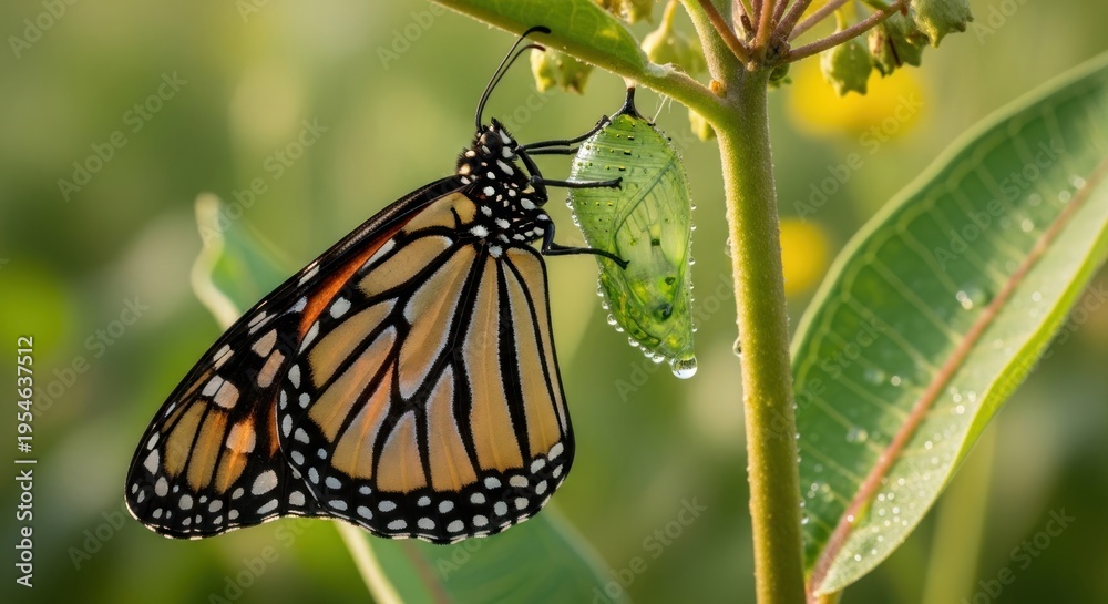 Obraz premium A monarch butterfly perches on a green leaf, its wings spread wide as it drinks nectar from a flower.