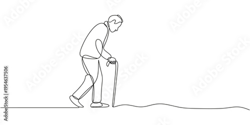 Old man walking with walking cane in continuous one line drawing. Elderly with walking cane line draw. Editable vector.