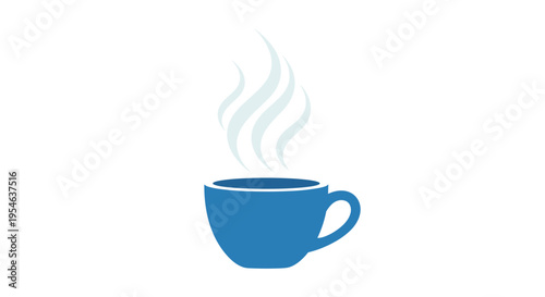 A solid blue mug with a handle emits white steam from a hot beverage on a white background.