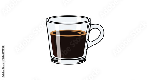 A clear glass mug with a handle holds dark brown coffee with crema on a white background.