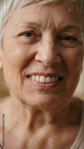 Happy senior woman smiles broadly, revealing her healthy teeth and joyful expression, reflecting successful dentistry.