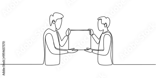 People holding a blank paper roll. continuous one line drawing, vector illustration. Continuous one line drawing group of people holding blank signboard. illustration concept. People on a meeting.