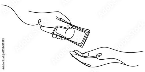 Continuous one line drawing of a hand holding money banknotes. Payment with money, buying or purchase of goods. Human hand with piles of money isolated on white background. Vector illustration
