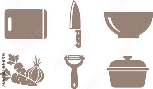 flat lay kitchen utensils and cutting board on neutral background