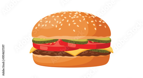 A fully assembled hamburger with a sesame bun, patty, cheese, tomato, and pickles is centered on a white background.