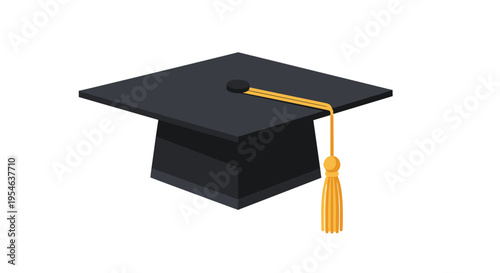 A black graduation cap with a golden tassel hangs from its center button, depicted in isometric view on a white background.