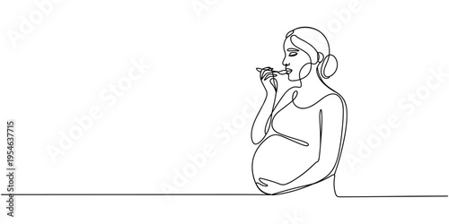 Pregnant woman eating healthy one line art. Continuous line drawing of pregnancy, motherhood, preparation for childbirth, preparation for motherhood, water balance, vitamins, drink water.