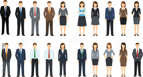 Diverse illustrated group of business professionals in formal attire including men and women in suits, ties, skirts, and corporate clothing for workplace and HR concepts