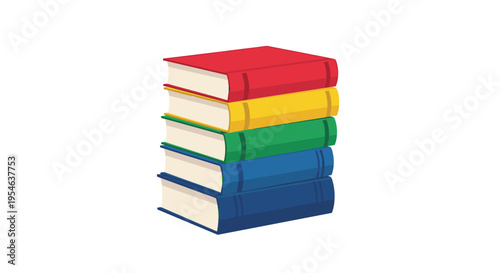A vertical stack of five hardcover books with diverse colored spines and visible pages is neatly arranged on a white background.
