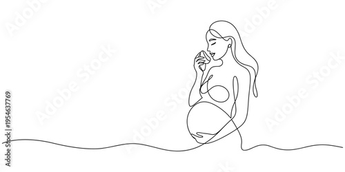 Pregnant woman eating healthy one line art. Continuous line drawing of pregnancy, motherhood, preparation for childbirth, preparation for motherhood, water balance, vitamins, drink water.