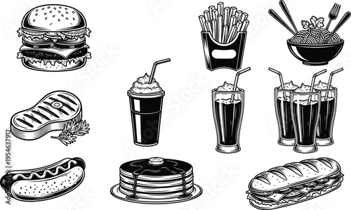 Fast food and restaurant meal illustration set with burger, fries, steak, pasta bowl, hot dog, pancakes, sandwich and soft drinks vintage vector collection