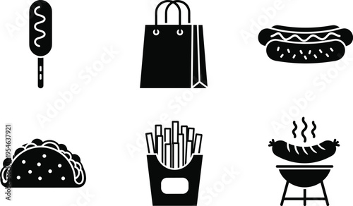 Fast food and shopping silhouette icon set including hot dog, fries, taco, corn dog, barbecue grill and shopping bag black vector isolated collection