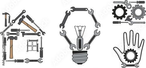 Creative Tool and Equipment Icon Set Featuring House Shape, Lightbulb Concept, Gear Hand Symbol for Construction, Repair, Engineering, and Industrial Design Projects