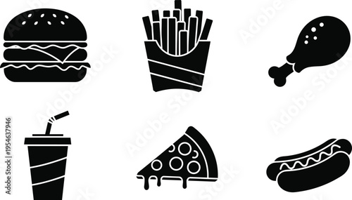 Fast food silhouette icon collection with burger, french fries, fried chicken leg, pizza slice, hot dog and soda drink black vector isolated