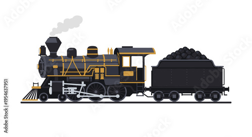A vintage black steam locomotive with a coal car is depicted on a grey track line against a white background.
